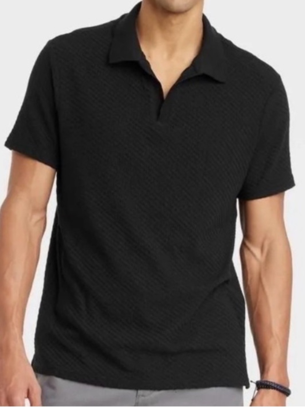 Black Short-Sleeve Ribbed Johnny Collared Polo Shirt from Goodfellow -XX Large